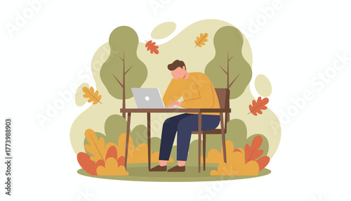 Man feeling tired and stressed working on laptop outdoors among autumn leaves Remote work fatigue
