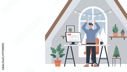 Frustrated man overwhelmed by work stress and deadlines in his cozy attic home office during the winter holidays
