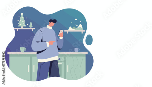 Man using smartphone at home during winter holidays Digital lifestyle communication and connectivity