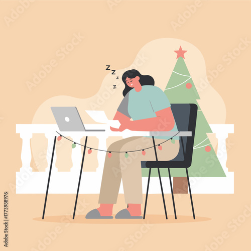 Tired woman working from home during holidays suffers burnout