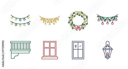 Festive minimalist christmas decorations: garland, wreath, window, and lantern designs