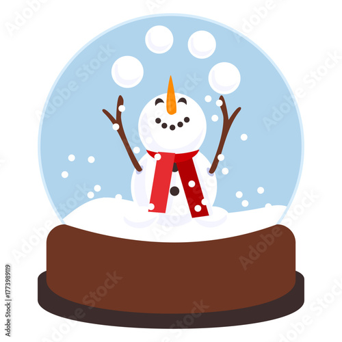 Joyful snowman juggling snowballs inside a snow globe. Fun and festive winter illustration for children’s designs and Christmas decor.