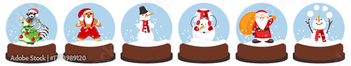 Collection of festive snow globes featuring adorable winter characters — raccoon with Christmas tree, gingerbread man Santa, funny snowmen, and Santa Claus with gift bag. Perfect for holiday decor