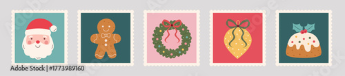 Christmas postage stamp collection with festive mail stickers: hand-drawn holiday icons: ribbons, bows, gingerbread, wreath, pudding, and Santa Claus.Elegant winter vector artwork.Vintage vector style