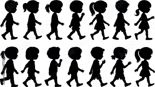 Silhouette illustration of diverse children walking side profile view in vector