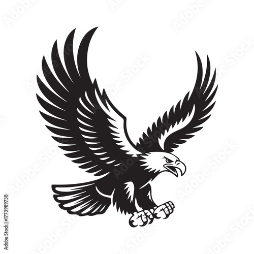 Eagle silhouette in flight with spread wings tattoo style vector illustration