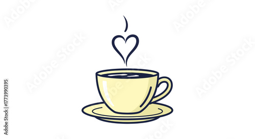 Warm coffee cup with heart shaped steam on white background