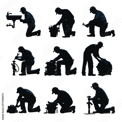 Silhouette of plumber repairing various plumbing fixtures
