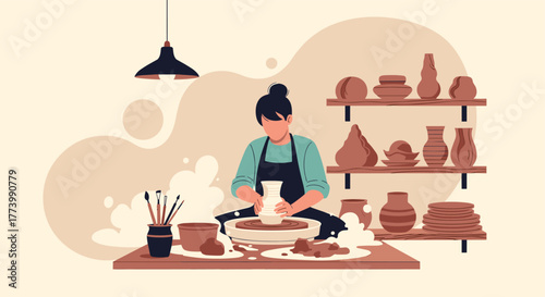 An artisan is skillfully crafting a new ceramic piece on a pottery wheel, surrounded by tools and completed pots, highlighting the creative and traditional art of pottery.