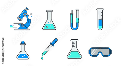 Colorful science icons set: microscope, flasks, test tubes, and safety goggles