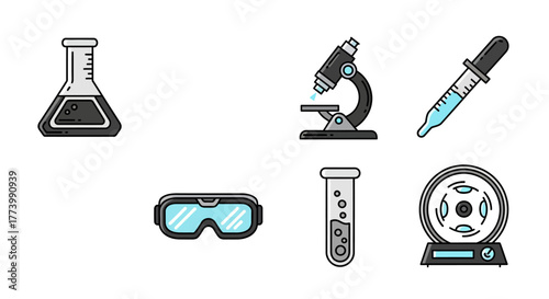 Science equipment icons: microscope, test tube, goggles, beaker, dropper in flat design