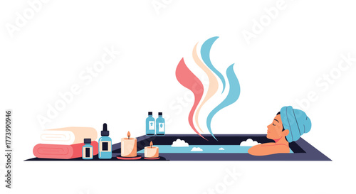 A woman with a towel on her head enjoys a serene, steaming spa bath, surrounded by essential oils, lit candles, and soft towels, depicting peaceful relaxation and self-care.
