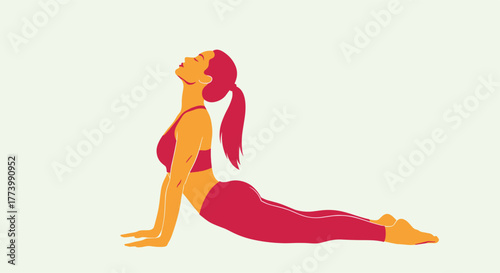 A vibrant illustration depicting a woman gracefully performing an Upward-Facing Dog yoga pose, showcasing flexibility and wellness for a healthy lifestyle.