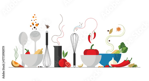 An illustration showcasing a vibrant collection of cooking utensils, fresh fruits, vegetables, and spices, depicting healthy food preparation and culinary arts.