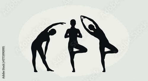 Three diverse female silhouettes demonstrate a harmonious sequence of yoga and stretching poses, emphasizing balance, flexibility, and mindful movement for health and wellness.