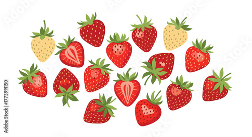 A vibrant collection of fresh red and yellow strawberries, some whole and some sliced, scattered artistically on a pure white background, rendered in a charming illustrative style.