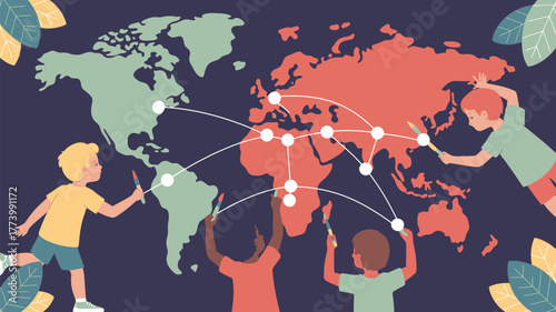 Children drawing connections on a world map with markers showing global network and international collaboration