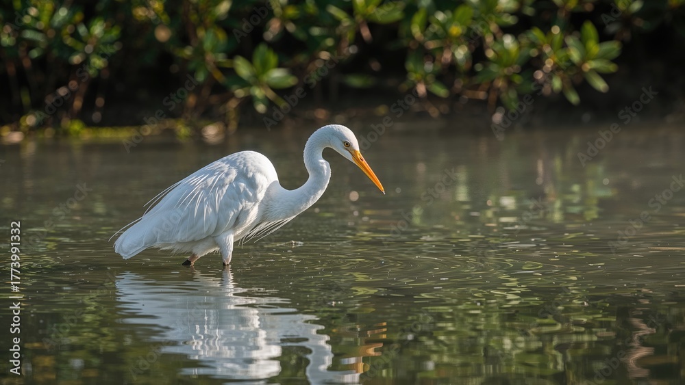 Naklejka premium A heron standing in shallow water near green foliage.