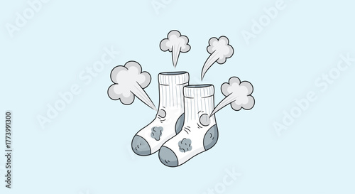A cartoon illustration of a pair of white, dirty, and smelly socks with gray toes and heels, emitting steam or odor clouds on a light blue background.