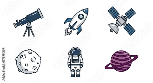 Space exploration icons set featuring telescope, rocket, satellite, astronaut, planet, moon