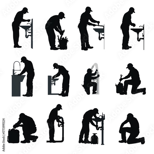 Silhouette illustrations of a plumber repairing sinks and pipes in various poses