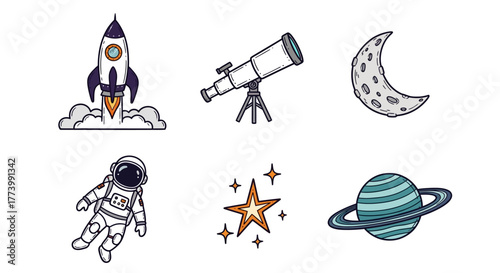 Space exploration icons: rockets, telescopes, astronauts, planets, and the moon