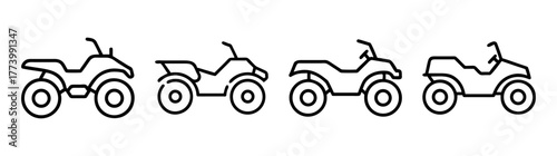 Set of four simple line drawing all-terrain vehicles or atvs in a row representing outdoor adventure and recreation