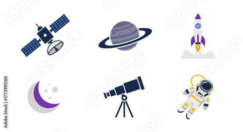 Space exploration icons: satellite, planet, rocket, moon, telescope, astronaut