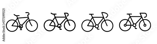 Collection of four identical black line art bicycles side by side on a light background