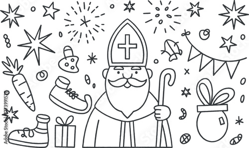 Sinterklaas character surrounded by traditional items drawing for coloring book