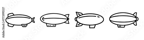 Collection of four simple line art blimps shown in profile from left to right
