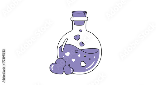 Charming illustration depicting a magical purple elixir in a corked glass bottle, adorned with small and large hearts, symbolizing romance and enchantment.