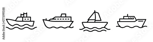 Set of four diverse boat icons in a simple line art style on water