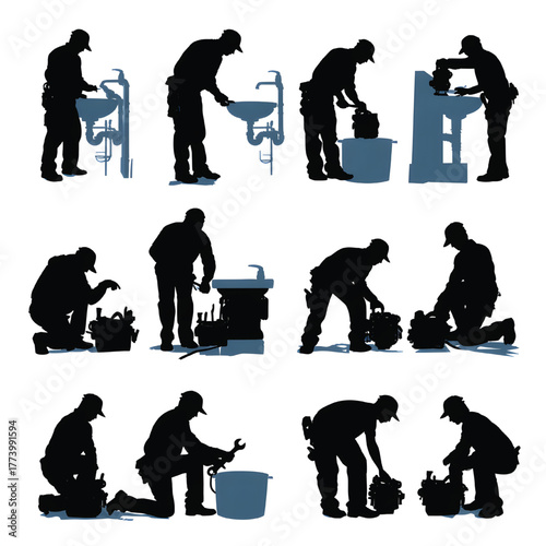 Silhouette of plumber repairing sinks and equipment in various poses on white