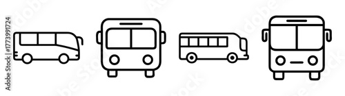 Collection of bus icons showing different views and styles for transportation themes