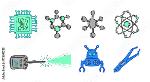 Colorful tech icons: microchip, molecular models, laser, robot, tweezers