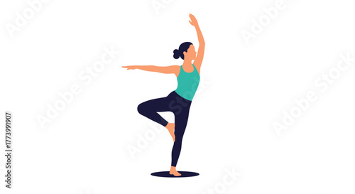 An illustration of a fit woman achieving perfect balance in a yoga Tree Pose, embodying health, wellness, and concentration through physical exercise.