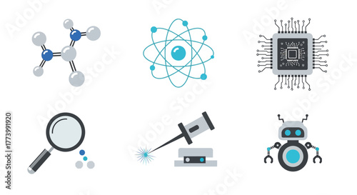 Science and technology icons: molecule, atom, microchip, and more