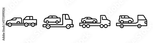 Set of car carrier trucks and tow trucks transporting vehicles icons