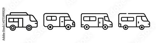 Four diverse camper van styles line art icons for travel and adventure concepts