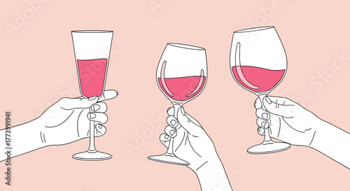 Three hands holding different types of wine glasses filled with pink ros� or red wine, clinking together in a celebratory toast against a soft pink background.