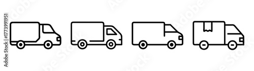 Collection of four distinct line art style delivery vans for commercial transportation concepts