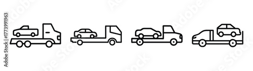 Diverse car carrier truck designs transporting vehicles simple line art icons