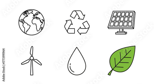 Minimalist eco icons: earth, recycling, solar, wind, water, leaf in black and white with color accent