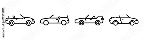 Four convertible cars lined up side by side with open tops simple line art
