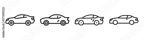 Four stylized coupe car icons line art transportation automotive vehicles