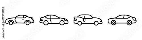 Collection of four black and white silhouette coupes and sedans showcasing automotive diversity