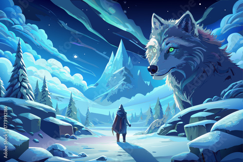 A magnificent fantasy scene showing a lone figure in front of a giant wolf in a snowy landscape under a cloudy sky, an epic digital art image with a mystical atmosphere and a cinematic winter concept.