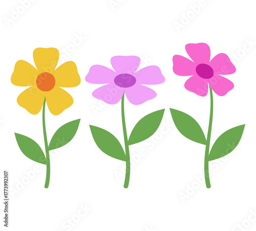 Colorful flowers vector illustration. Yellow, purple, and pink blooms with green stems for floral designs