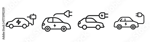 Set of simple line art icons representing electric cars charging their batteries with power plugs
